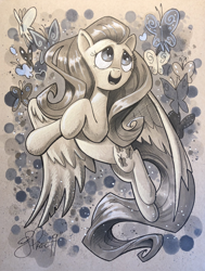 Size: 1412x1872 | Tagged: safe, artist:andypriceart, edit, editor:dsp2003, fluttershy, butterfly, pegasus, pony, female, mare, open mouth, traditional art