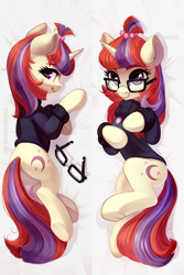 Size: 2520x3780 | Tagged: safe, artist:taneysha, moondancer, pony, unicorn, body pillow, clothes, cute, dancerbetes, female, glasses, glasses off, looking at you, looking back, looking back at you, mare, smiling, solo, sweater, underhoof