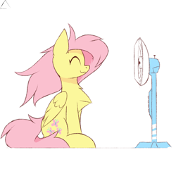 Size: 1200x1200 | Tagged: safe, artist:glazirka, fluttershy, pegasus, pony, chest fluff, cute, electric fan, eyes closed, fan, female, folded wings, mare, profile, shyabetes, simple background, sitting, smiling, solo, white background, windswept mane, wings