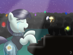 Size: 1280x960 | Tagged: safe, artist:mkogwheel, applejack, coloratura, lyra heartstrings, rarity, earth pony, pony, unicorn, the mane attraction, crying, piano, rara, scene interpretation, tears of joy