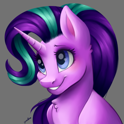 Size: 4093x4093 | Tagged: safe, artist:faline-art, starlight glimmer, pony, unicorn, absurd resolution, chest fluff, cute, female, glimmerbetes, gray background, mare, signature, simple background, smiling, solo