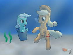 Size: 1280x960 | Tagged: safe, artist:mkogwheel, applejack, lyra heartstrings, earth pony, pony, sea pony, 30 minute art challenge, bucket, holding breath, seapony lyra, shoo be doo, underwater