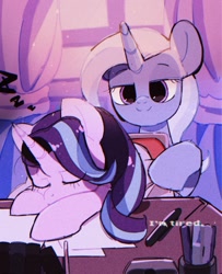 Size: 1661x2048 | Tagged: safe, artist:poneko-chan, starlight glimmer, trixie, pony, unicorn, blanket, desk, duo, female, mare, sleeping, smiling, starlight's office, tired