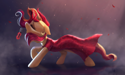 Size: 4000x2400 | Tagged: safe, artist:vanillaghosties, sunset shimmer, pony, unicorn, clothes, dress, eyes closed, female, floppy ears, glowing horn, horn, mare, microphone, open mouth, raised hoof, singing, solo