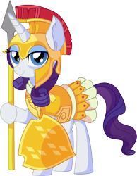 Size: 5781x7439 | Tagged: safe, artist:cyanlightning, rarity, pony, unicorn, scare master, absurd resolution, armor, armor skirt, athena, athena rarity, beautiful, clothes, costume, cute, female, looking at you, mare, nightmare night, nightmare night costume, shield, simple background, skirt, smiling, smug, solo, spear, transparent background, vector, weapon