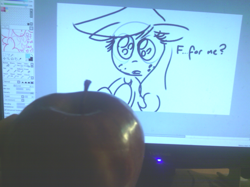 Size: 1266x946 | Tagged: safe, artist:hattsy, applejack, pinkie pie, earth pony, pony, apple, cowboy hat, cute, dialogue, floppy ears, food, hat, holding, hoof hold, irl, jackabetes, meme, monitor, monochrome, photo, photography, stetson