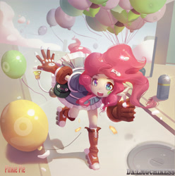 Size: 4399x4426 | Tagged: safe, artist:lmgchikess, pinkie pie, human, absurd resolution, balloon, boots, clothes, cute, fingerless gloves, gloves, humanized, open mouth, pony coloring, shoes, solo, tailed humanization