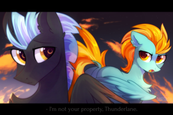 Size: 2449x1632 | Tagged: safe, artist:mirtash, lightning dust, thunderlane, pegasus, pony, angry, black bars, dialogue, dock, female, looking at each other, male, mare, rcf community, shipping, stallion, story included, straight, thunderdust