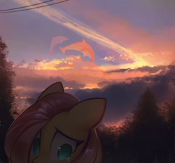 Size: 1602x1486 | Tagged: safe, artist:mirroredsea, fluttershy, dolphin, pegasus, pony, crying, cute, female, floppy ears, mare, no pupils, sad, sadorable, scenery, shyabetes, sky whale, solo, tree