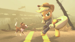 Size: 1920x1080 | Tagged: safe, artist:rockset, applejack, winona, earth pony, pony, 3d, fallout 4, source filmmaker