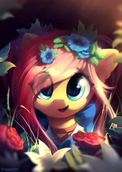 Size: 4961x7016 | Tagged: safe, artist:freeedon, fluttershy, pegasus, pony, absurd resolution, beautiful, bust, clothes, converted, cute, ear fluff, eye clipping through hair, female, flower, flower in hair, looking at you, mare, portrait, shyabetes, sidemouth, smiling, solo