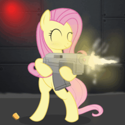 Size: 1000x1000 | Tagged: safe, artist:pizzamovies, fluttershy, pegasus, pony, animated, badass, bipedal, blushing, bolter, bullet casing, eyes closed, face of mercy, female, flutterbadass, gif, gun, hoof hold, mare, muzzle flash, ponies with guns, purge, shooting, smiling, solo, this will end in death, this will end in tears, this will end in tears and/or death, warhammer (game), warhammer 40k, weapon, who needs trigger fingers