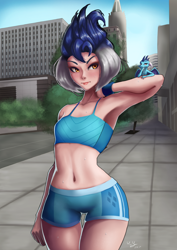 Size: 848x1200 | Tagged: safe, artist:the-park, princess ember, dragon, human, armpits, belly button, booty shorts, breasts, building, clothes, delicious flat chest, female, fit, human dragondox, humanized, midriff, solo, sports bra, sports shorts, street, sweat, thigh gap, tomboy, tracksuit, tree