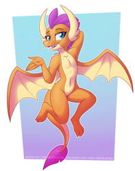 Size: 1008x1280 | Tagged: safe, artist:greenlinzerd, smolder, dragon, abstract background, arm behind head, armpits, bedroom eyes, belly button, cute, dragoness, female, flying, full body, looking at you, simple background, smiling, smolderbetes, solo