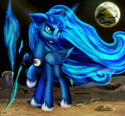Size: 1400x1300 | Tagged: safe, artist:xeniusfms, princess luna, alicorn, pony, female, mare, moon, planet, raised hoof, serious, serious face, solo, space, sword, weapon
