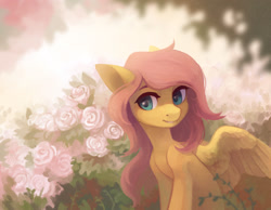 Size: 2000x1555 | Tagged: safe, artist:koviry, fluttershy, pegasus, pony, bust, cute, female, flower, head turn, mare, shyabetes, smiling, solo, spread wings, three quarter view, wings