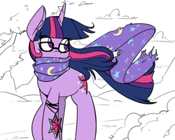 Size: 1422x1137 | Tagged: safe, artist:reiduran, twilight sparkle, pony, unicorn, accessory swap, clothes, female, glasses, implied trixie, jewelry, looking back, mare, necklace, scarf, solo