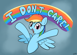 Size: 2544x1819 | Tagged: safe, artist:taurson, rainbow dash, pegasus, pony, cute, dashabetes, dissonant caption, female, mare, no fucks, nobody cares, rainbow, reaction image, smiling, solo, spread wings, subversive kawaii, text, wings