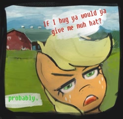 Size: 552x535 | Tagged: safe, artist:nignogs, applejack, earth pony, pony, clothing theft, female, offscreen character, reversed gender roles equestria, reversed gender roles equestria general