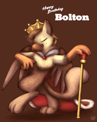 Size: 2048x2560 | Tagged: safe, artist:sugar morning, oc, oc only, oc:bolton, griffon, birthday, clothes, crown, eyes closed, happy birthday, jewelry, king, male, regalia, robe, ruby, scepter, simple background, solo