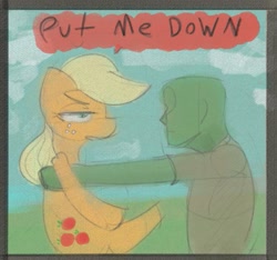 Size: 553x518 | Tagged: safe, artist:nignogs, applejack, oc, oc:anon, earth pony, pony, clothes, female, holding a pony, this will end in angry countryisms, this will end in pain and/or angry countryisms, unamused