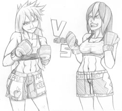 Size: 800x728 | Tagged: safe, artist:thebestjojo, applejack, rainbow dash, human, abs, applejacked, black and white, boxing, boxing gloves, clothes, fighter, grayscale, humanized, midriff, monochrome, muscles, pencil drawing, smirk, smugdash, smugjack, sports bra, straw, tongue out, traditional art, trunks, versus