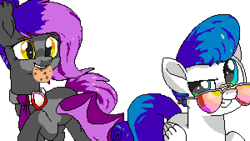 Size: 900x507 | Tagged: safe, artist:danmur15, artist:prince-lionel, artist:ziggurat vertigo, oc, oc only, oc:miss ping, oc:nitro boost, bat pony, pegasus, pony, bat pony oc, bat wings, cookie, female, food, male, manechat, manepxls, mare, mouth hold, necktie, pixel art, pxls.space, simple background, smiling, stallion, sunglasses, transparent background, wings