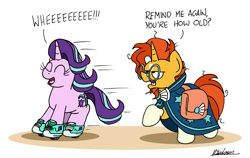 Size: 3011x1902 | Tagged: safe, artist:bobthedalek, starlight glimmer, sunburst, pony, unicorn, bobthedalek is trying to murder us, clothes, cute, daaaaaaaaaaaw, enjoying, eyes closed, female, fun, glasses, glimmerbetes, happy, heelys, judgement, judging you, kite, male, mare, open mouth, raised hoof, roller skates, saddle bag, shoes, shuttlecock, skating, sneakers, stallion, sunburst is not amused, unamused, weeeeeeee