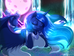 Size: 1580x1185 | Tagged: safe, artist:suirano, princess luna, alicorn, anthro, unguligrade anthro, breasts, eyes closed, female, hoof shoes, luminescent, princess balloona, smiling, solo, sweet dreams fuel
