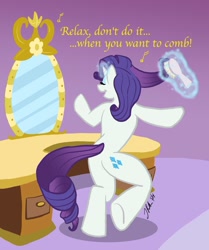 Size: 836x1000 | Tagged: safe, artist:the_gneech, rarity, pony, unicorn, bipedal, comb, dialogue, frankie goes to hollywood, glowing horn, magic, mirror, music notes, pun, relax, singing, solo, song reference, telekinesis, underhoof