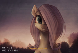 Size: 1600x1100 | Tagged: safe, artist:ventious, fluttershy, pegasus, pony, dialogue, female, hair over one eye, looking at you, mare, scan lines, scenery, solo, subtitles, timestamp, vhs