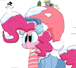 Size: 604x538 | Tagged: safe, artist:hattsy, derpy hooves, pinkie pie, pegasus, pony, christmas tree, clothes, earmuffs, female, flockmod, hat, jacket, mare, pants, present, santa hat, scarf, simple background, size difference, smiling, snow, snowman, solo, sweater, tiny, tiny ponies, tree, white background