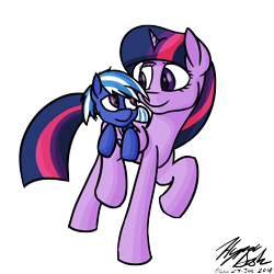 Size: 5276x5276 | Tagged: safe, alternate version, artist:hyper dash, twilight sparkle, twilight sparkle (alicorn), oc, oc:evening mist, alicorn, pegasus, pony, absurd resolution, commission, cute, horse riding a horse, looking at each other, ocbetes, ponies riding ponies, raised hoof, riding, riding a pony, simple background, transparent background