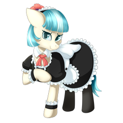 Size: 2000x2000 | Tagged: safe, artist:ray-frost, coco pommel, earth pony, pony, clothes, cuffs (clothes), dress, female, maid, mare, raised hoof, simple background, transparent background