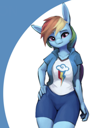 Size: 960x1280 | Tagged: safe, artist:stardep, rainbow dash, anthro, pegasus, breasts, clothes, cropped, cute, dashabetes, female, hand on hip, long ears, looking at you, mare, rainboob dash, shirt, shorts, solo