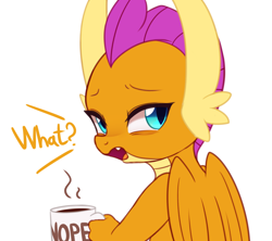 Size: 2700x2400 | Tagged: safe, artist:maren, smolder, dragon, coffee, coffee mug, cute, dialogue, dragoness, female, looking back, mug, nope, simple background, solo, white background