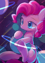 Size: 1850x2600 | Tagged: safe, artist:leafywind, pinkie pie, earth pony, pony, cute, diapinkes, macro, planet, planetary ring, pony bigger than a planet, shooting star, solo, space, stars