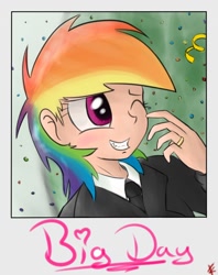 Size: 950x1200 | Tagged: safe, artist:crade, rainbow dash, clothes, confetti, humanized, ring, suit, text, wedding