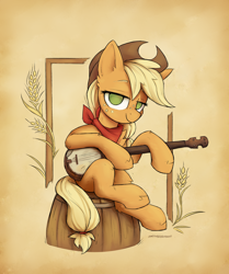 Size: 2262x2700 | Tagged: safe, artist:anotherdeadrat, applejack, earth pony, pony, bandana, banjo, barrel, colored, digital art, female, mare, musical instrument, signature, sitting, smiling, solo