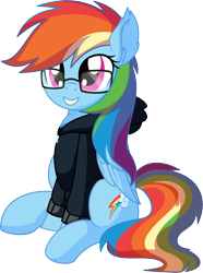 Size: 5508x7384 | Tagged: safe, artist:cyanlightning, rainbow dash, pegasus, pony, .svg available, absurd resolution, adorkable, chest fluff, clothes, cute, dashabetes, dork, ear fluff, egghead dash, female, folded wings, glasses, hoodie, mare, nerd, simple background, sitting, smiling, solo, transparent background, vector, wing fluff, wings