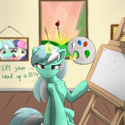 Size: 1024x1024 | Tagged: safe, artist:d.w.h.cn, artist:ratofdrawn, bon bon, lyra heartstrings, sweetie drops, pony, unicorn, blue eyes, cheek fluff, chest fluff, dialogue, drawing, ear fluff, easel, female, frown, golden eyes, levitation, looking at you, magic, mare, milkshake, paintbrush, painting, paintings, shoulder fluff, talking to viewer, telekinesis