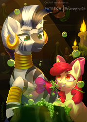 Size: 570x800 | Tagged: safe, artist:helemaranth, apple bloom, zecora, earth pony, pony, zebra, blank flank, bow, bracelet, candle, cauldron, duo, ear piercing, earring, female, filly, flower, foal, grin, hair bow, heart's desire, hooves, jewelry, leg rings, mare, mouth hold, neck rings, patreon, patreon logo, piercing, quadrupedal, rcf community, smiling