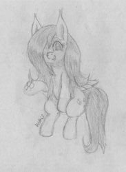 Size: 2374x3240 | Tagged: safe, artist:wapamario63, fluttershy, butterfly, pegasus, pony, cute, female, hair over one eye, happy, mare, monochrome, one eye closed, shyabetes, sitting, solo, traditional art