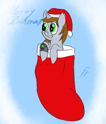 Size: 900x1050 | Tagged: safe, artist:frecklesfanatic, oc, oc only, oc:littlepip, pony, unicorn, fallout equestria, christmas, fanfic, fanfic art, female, freckles, gradient background, hat, holiday, hooves, horn, mare, pipbuck, santa hat, sock, solo, teeth