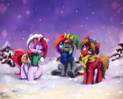 Size: 2170x1736 | Tagged: safe, artist:dawnfire, oc, oc only, oc:dawnfire, oc:doodles, oc:krylone, ;p, clothes, colored pupils, cute, eyes closed, freckles, hat, one eye closed, raised hoof, scarf, sitting, snow, snowfall, tongue out, trio, underhoof, wink, winter