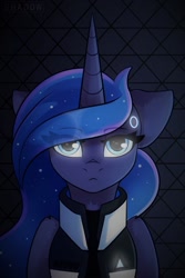 Size: 1000x1500 | Tagged: safe, artist:php97, princess luna, alicorn, pony, abstract background, bust, clothes, connor, cosplay, costume, crossover, detroit: become human, female, folded wings, jacket, looking at you, mare, portrait, rk900, solo, video game, video game crossover, wings