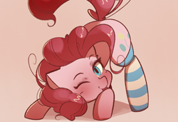 Size: 1280x876 | Tagged: safe, artist:bloodatius, pinkie pie, earth pony, pony, :p, clothes, cute, diapinkes, face down ass up, looking at you, one eye closed, raspberry, socks, solo, striped socks, tongue out, wink