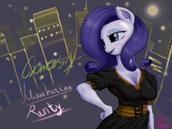 Size: 2800x2100 | Tagged: safe, artist:tunairs, rarity, anthro, rarity takes manehattan, city, cityscape, clothes, generosity, manehattan, night, solo