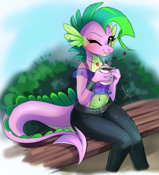 Size: 1570x1730 | Tagged: safe, artist:wilvarin-liadon, barb, spike, anthro, dragon, belly button, blushing, clothes, cropped, dragoness, fangs, female, heart, looking at you, midriff, one eye closed, rule 63, solo, wink