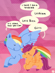 Size: 674x899 | Tagged: safe, artist:beetlefruit, rainbow dash, scootaloo, pegasus, pony, colored hooves, cute, cutealoo, dashabetes, dialogue, duo, female, filly, flying, implied lesbian, mare, scootaloo can fly